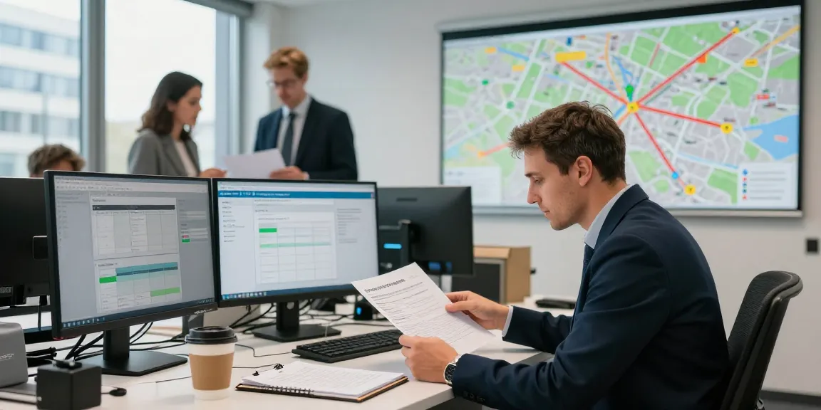 Eiltransporte Dortmund: Professionelle Transportmanagerin analysiert Lösungen in einem modernen Büro mit Echtzeit-Tracking-Daten.