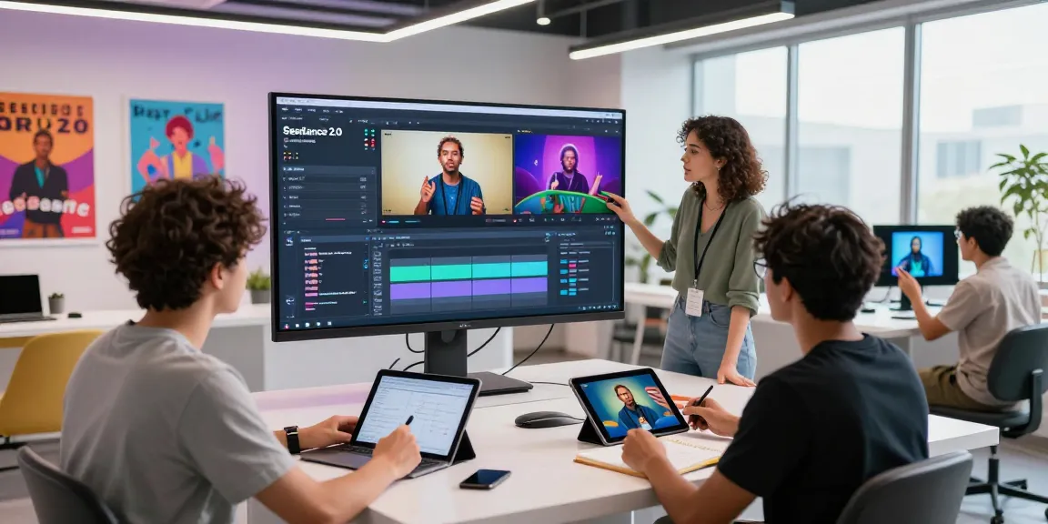 Team using seedance 2.0 to create innovative videos in a modern studio.