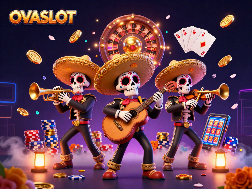 Experience thrilling gameplay at OVASLOT with a vibrant mariachi band amid cascading coins and colorful elements.