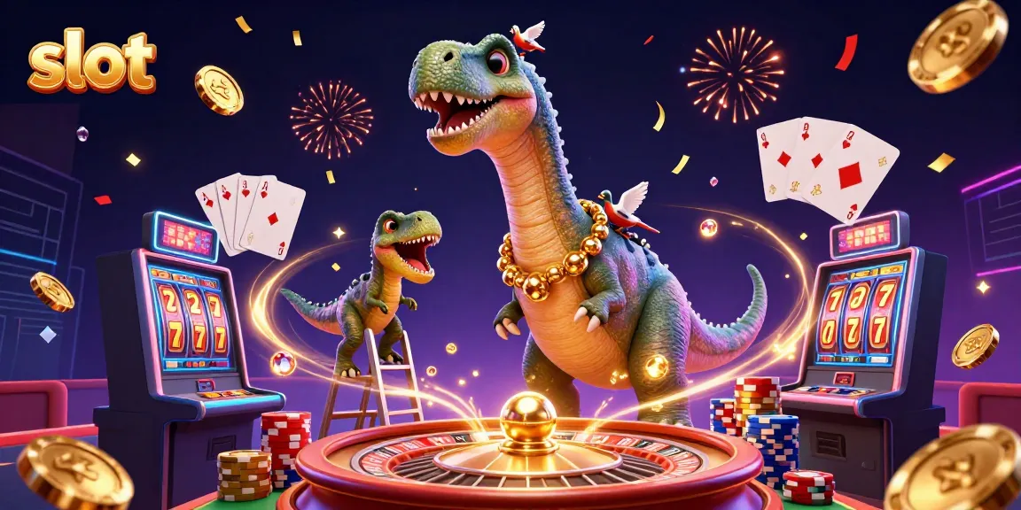 Menang dalam slot dengan brontosaurus dan raptor di kasino yang meriah