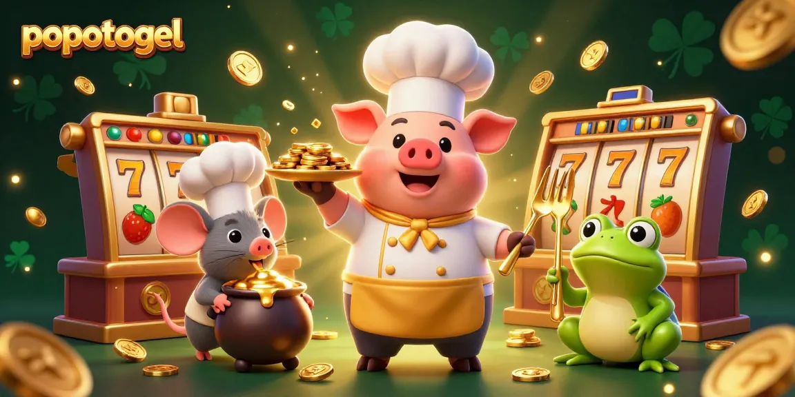 Experience popotogel with a vibrant illustration of a gambling scene featuring a chef pig and gold coins.