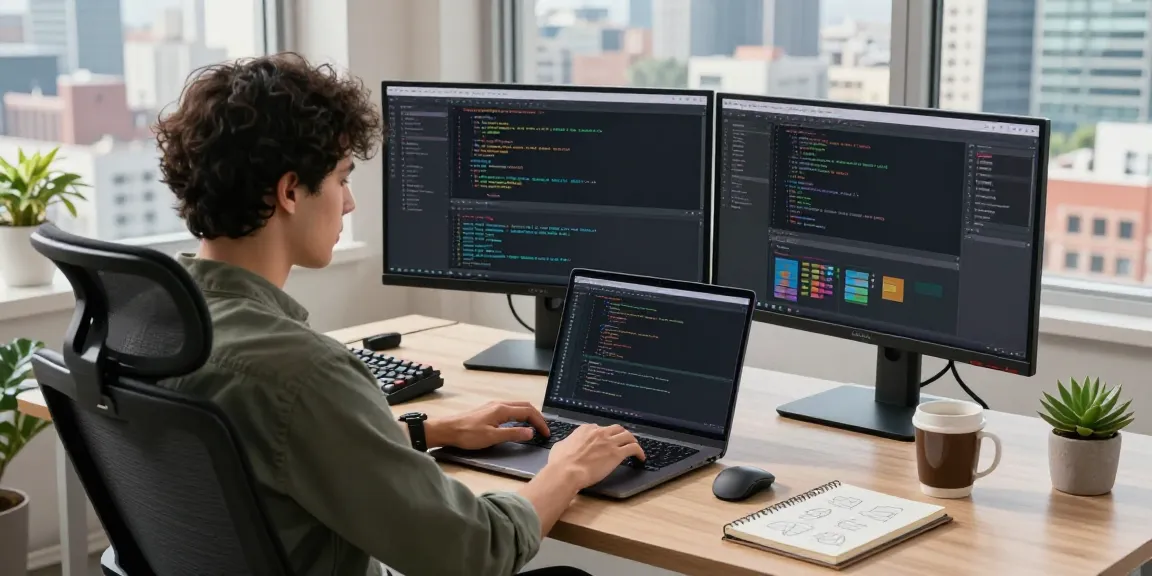 Software developer coding in a modern workspace, showcasing raja328 alternatif tools and a vibrant urban view.