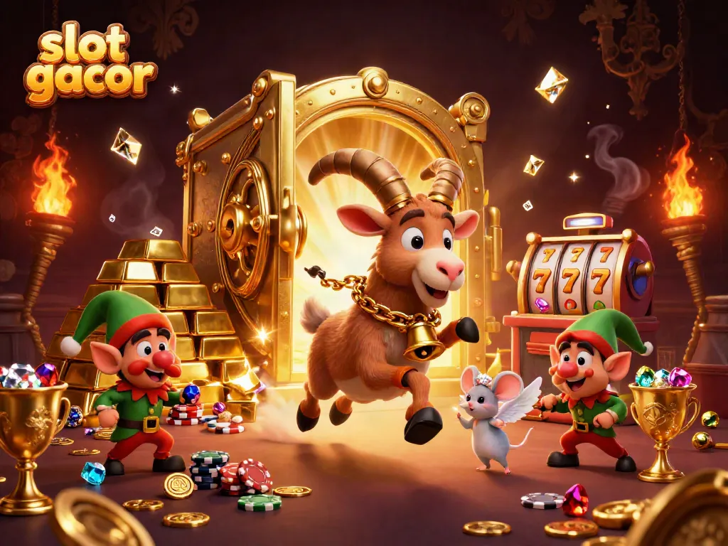 Permainan slot gacor dengan karakter lucu di kasino, dikelilingi harta karun berkilau.