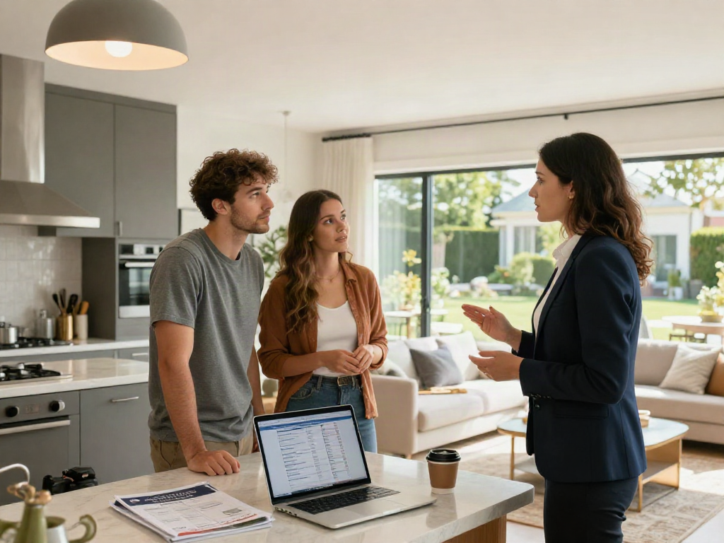 The couple discusses how to deposit 10k while touring a modern home with a real estate agent.