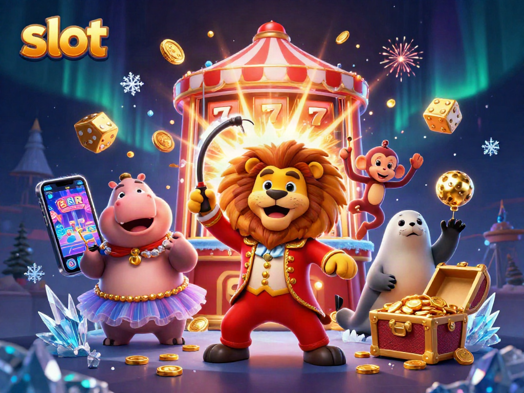 Experience thrilling slot action with our vibrant 3D circus scene full of lively characters and jackpot excitement.