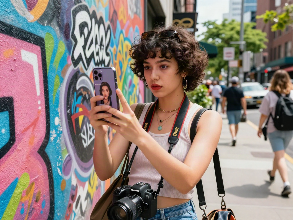 Engaging urban beauty scene with individual taking a test attractiveness assessment using a smartphone, reflecting personal expression and city life.