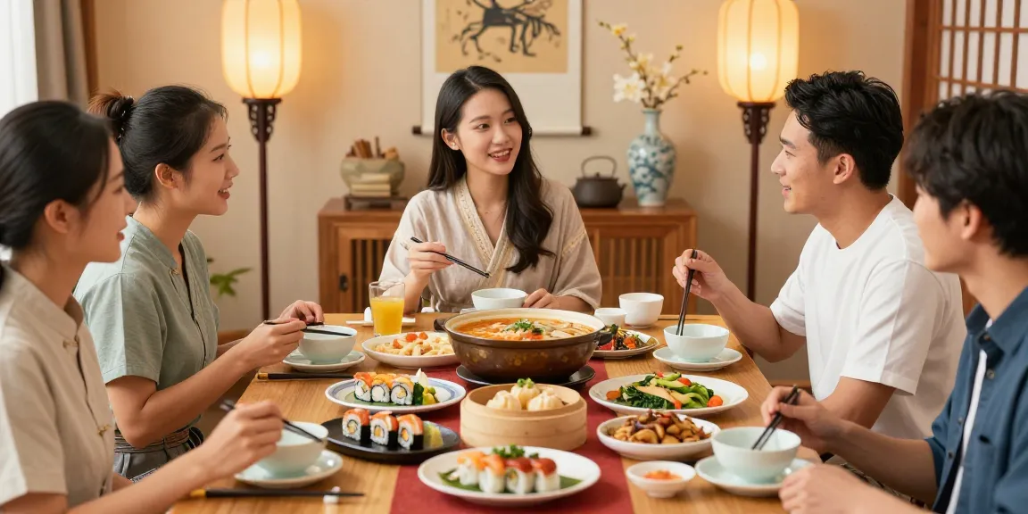 Friends enjoying Asian cuisine at https://hanadultalk.com, showcasing vibrant dishes in a warm, inviting atmosphere.