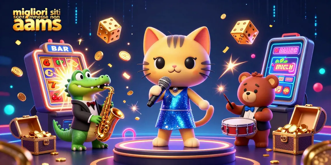 Scommettere nei migliori siti scommesse non AAMS con un gatto cantante e simboli di gioco brillanti.