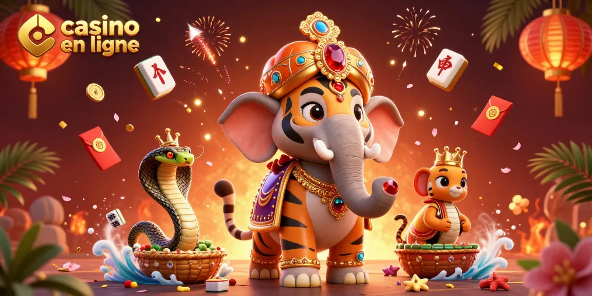 Plongez dans l'univers du casino en ligne avec cette illustration captivante mettant en scène un tigre maharaja et un éléphant.