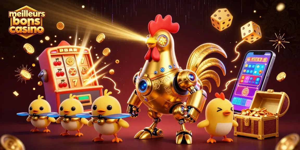 Les meilleurs bonus casino à travers une illustration vibrante, avec un robot doré et des drones, en action dans un univers dynamique.