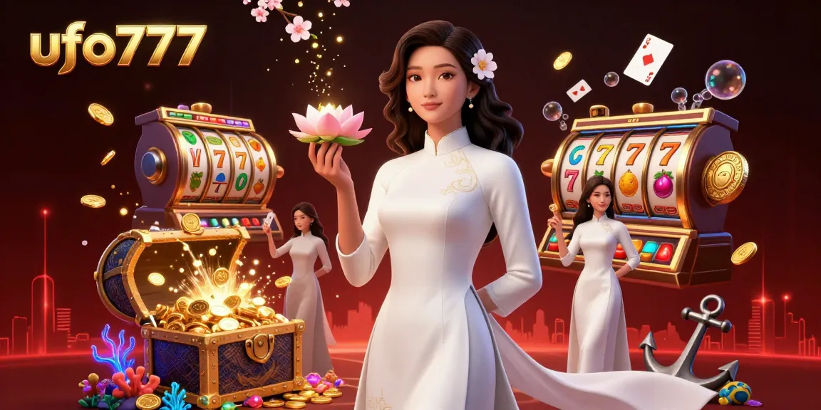 Experience thrilling wins with ufo777 as vibrant slot elements and an elegant Asian woman create a captivating scene.