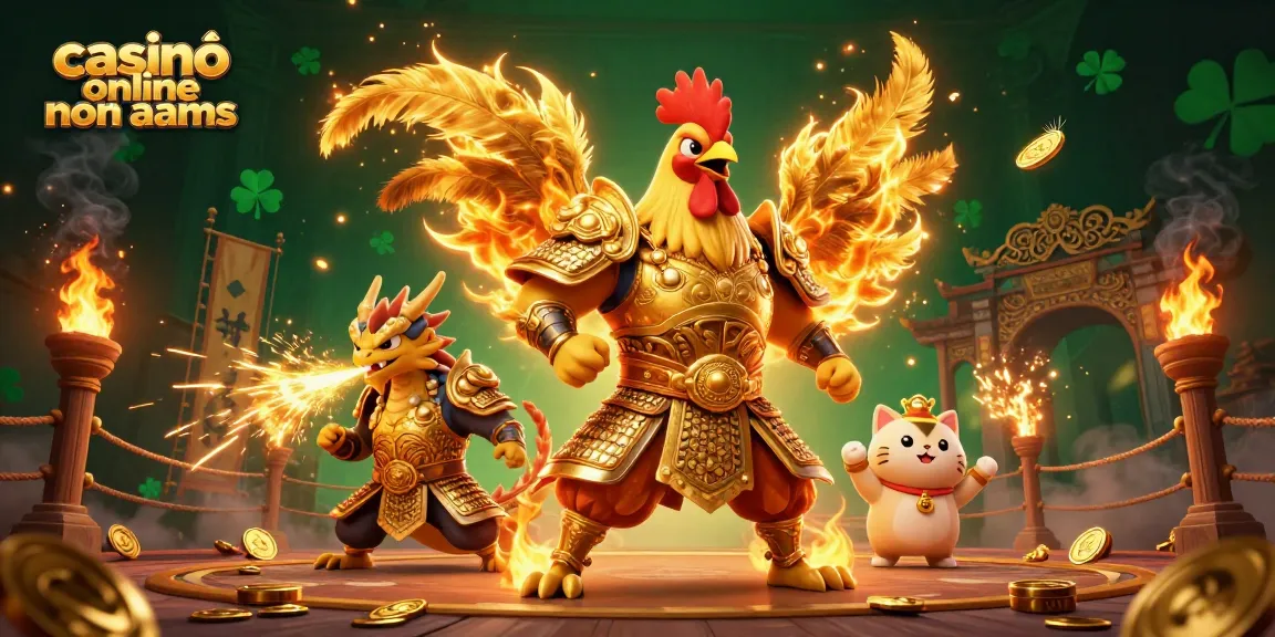 Giocando nei casinò online non AAMS con un gallo guerriero e un drago, circondati da monete d'oro e fuoco.