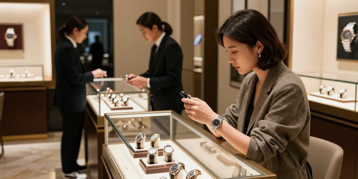 Explore premium clone watches in an upscale luxury boutique setting with stylish customers.
