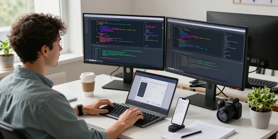 快连 software development workspace with dual monitors and coding tools in a bright office