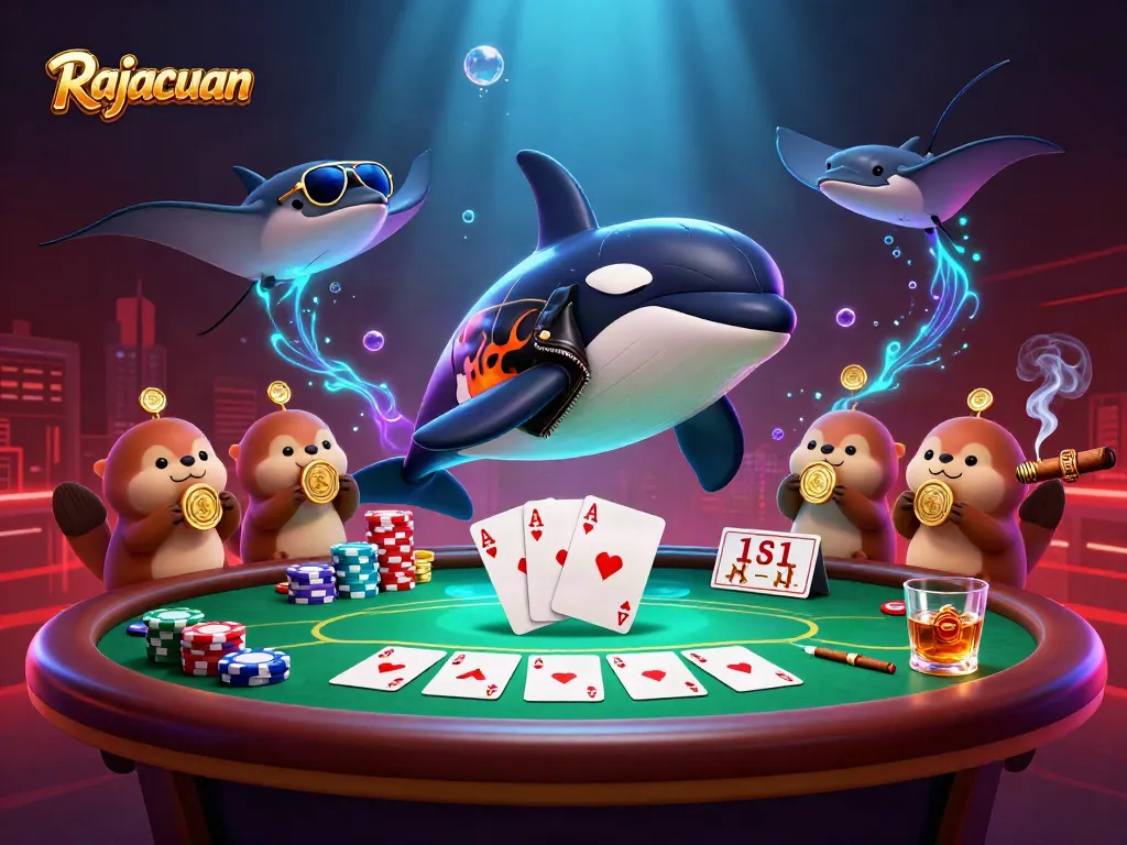 Rajacuan engages players with a lively casino scene featuring animated sea creatures and poker action.