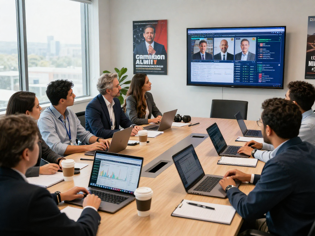 Engaged political marketing team analyzing connected TV political ads strategy in a modern office.
