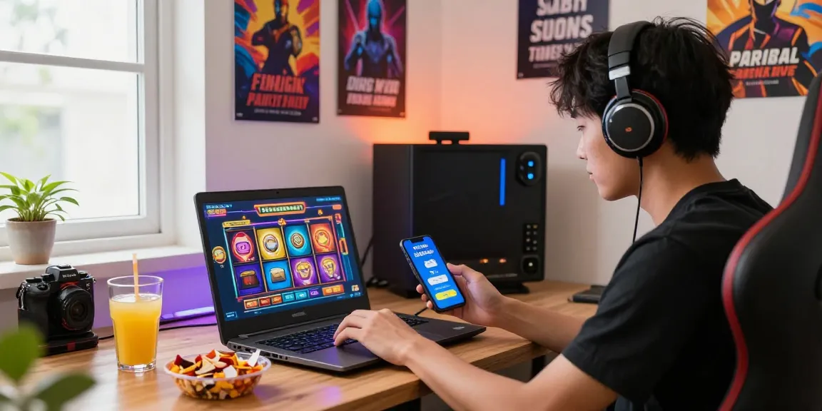 Exciting gamer engaging in deposit pulsa tanpa potongan while playing slots online at home.