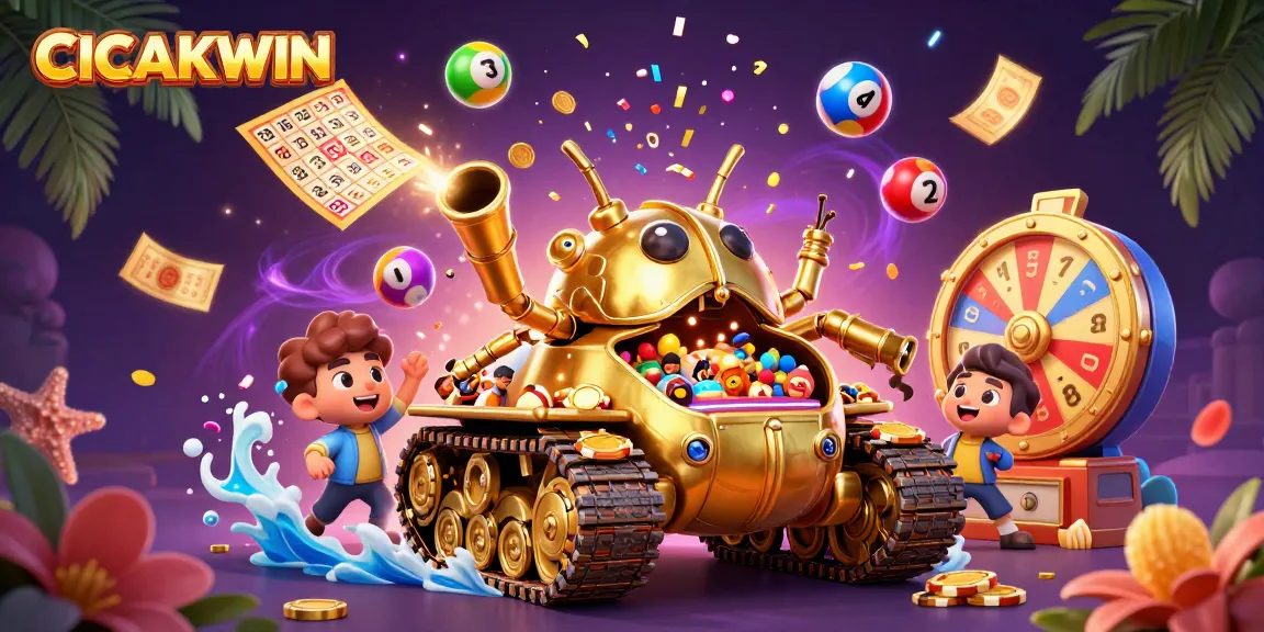 CICAKWIN showcases a vibrant and dynamic casino atmosphere with a golden beetle tank and lottery elements.
