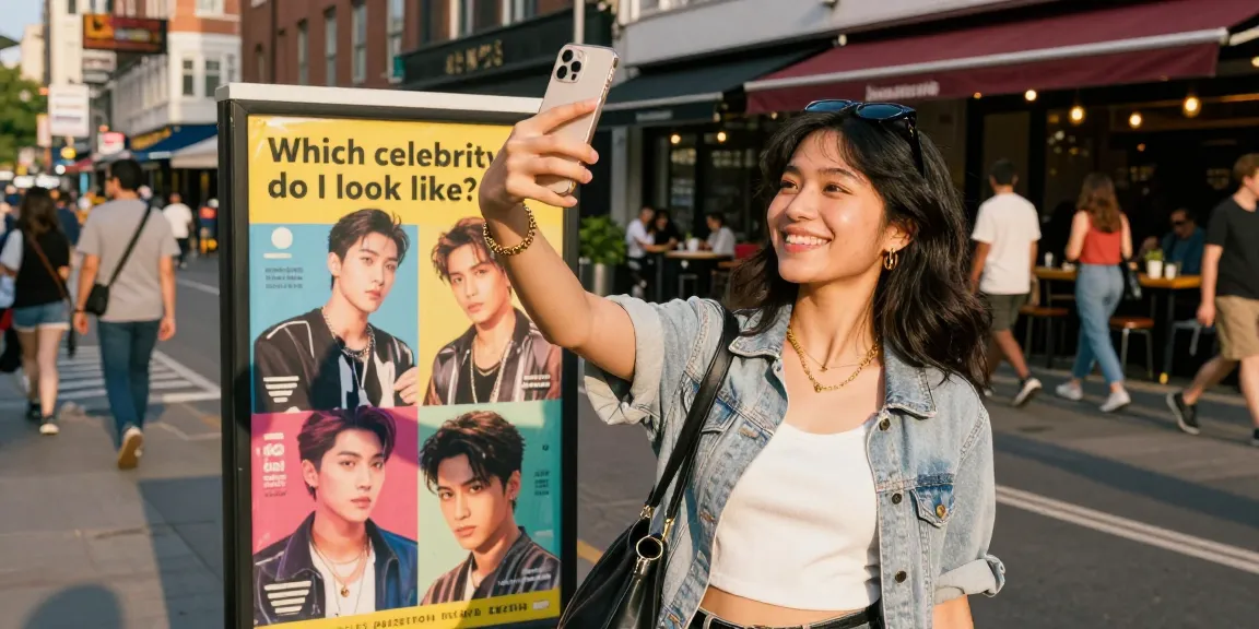 Young woman taking a selfie in urban setting, wondering who looks like a celebrity.