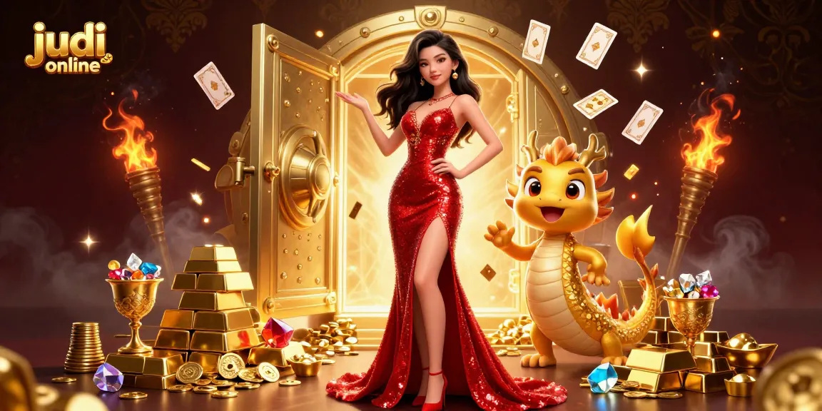 Play interactive judi slot online, featuring a glamorous Asian woman and golden treasures.