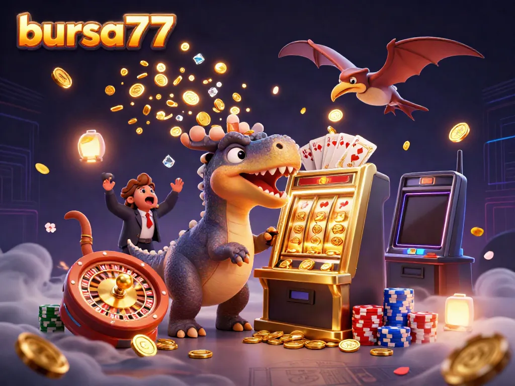 Slot jackpot menggiurkan di bursa777, dengan karakter dinosaurus bergembira.