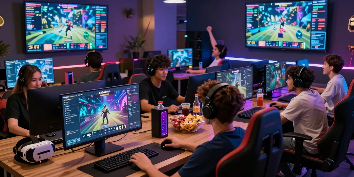 Gamers immersed in the pakde4d platform, showcasing an interactive modern gaming lounge.
