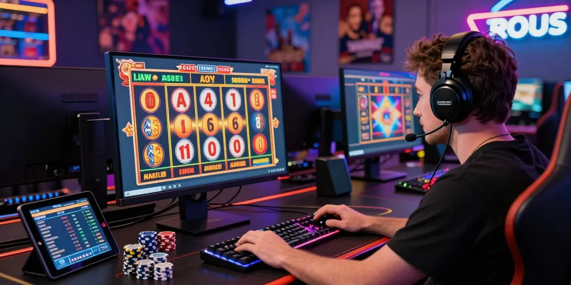 Engaged player enjoying the benihtoto link slot game on a vibrant online casino setup.