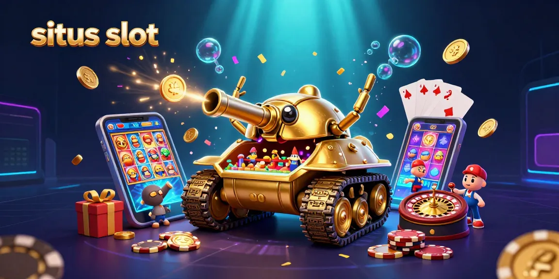 Experience situs slot with dynamic illustrations of a casino beetle tank and vibrant slot game elements.