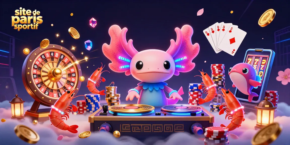 Une scène dynamique de paris sportifs avec le site de paris sportif mettant en avant un DJ axolotl aux couleurs néon.