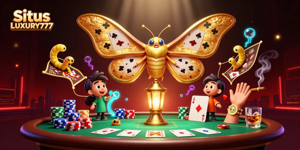 Melihat Situs LUXURY777 melalui ilustrasi kasino yang kaya dengan detail, menampilkan elemen poker.