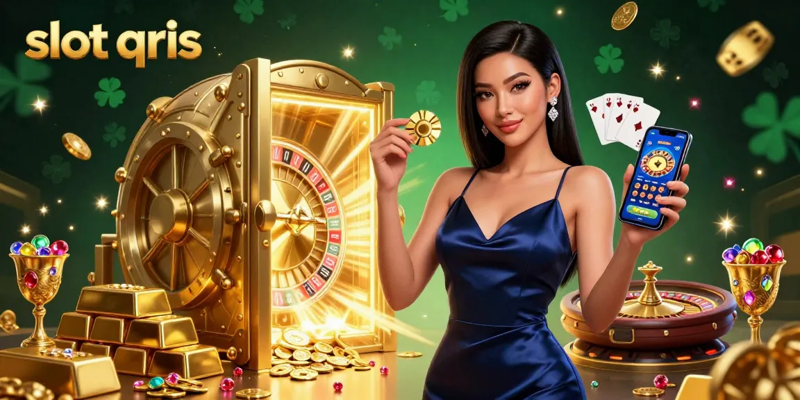 Engage with slot qris as an Asian woman reveals a casino app, gold bars, and treasures.