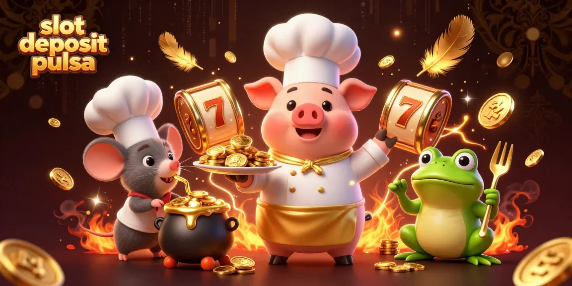 Slot deposit pulsa dengan chef kartun menyajikan koin emas sebagai hidangan mewah.