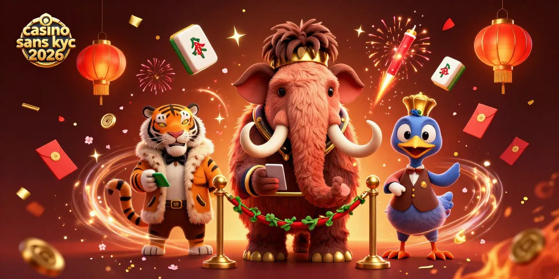 Jouez au casino sans KYC 2026 avec un mammouth et un tigre à l'entrée, ambiance festive.