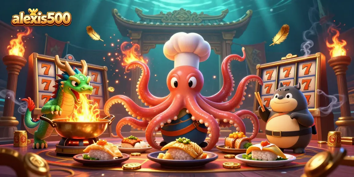 Engage with alexis500's vibrant slots scene featuring an octopus chef, dragon, and tanuki.