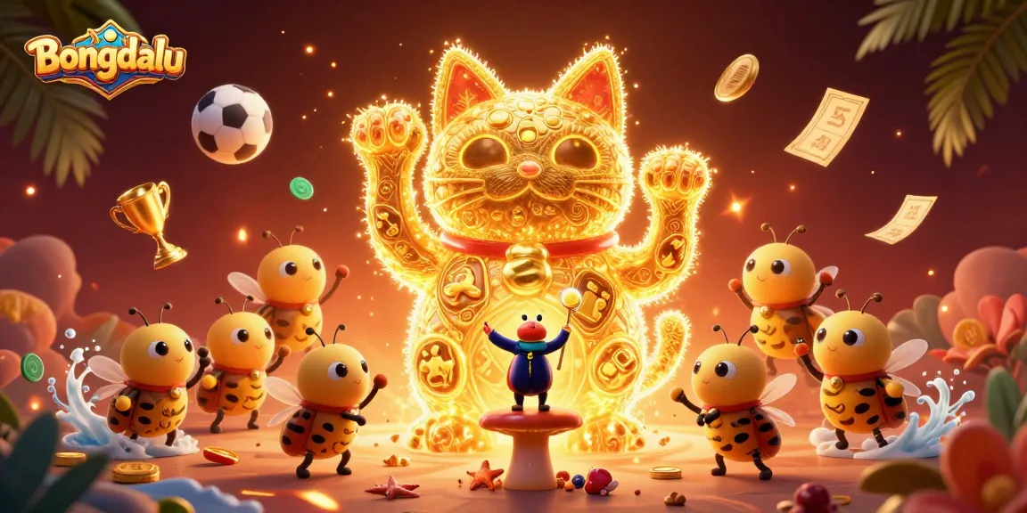 Bongdalu reveals thrilling sports betting moments in a vibrant, dynamic illustration of a lucky cat.