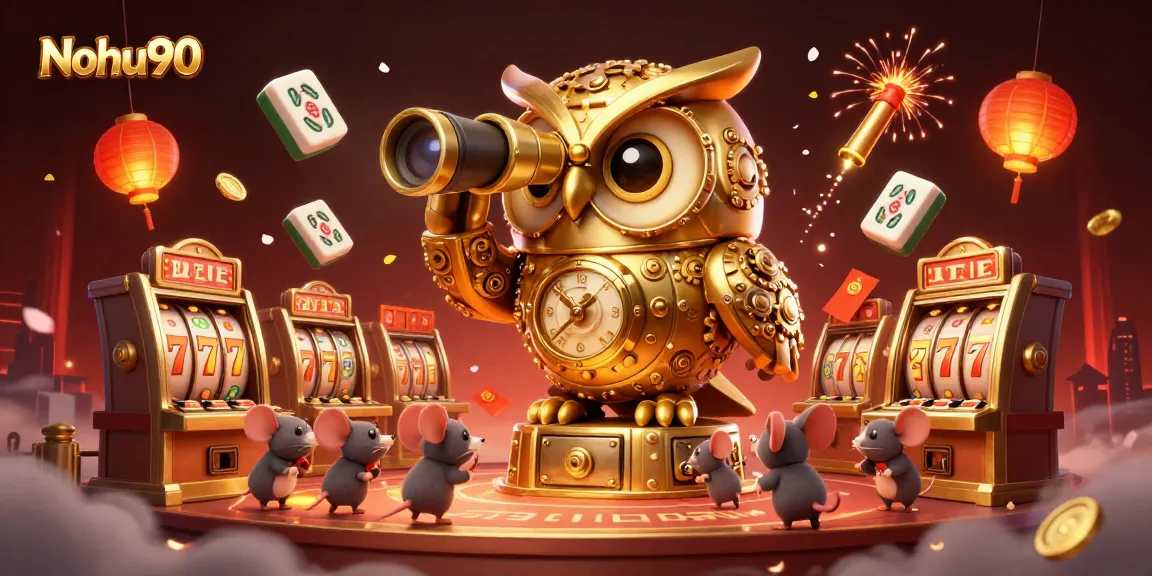 Nohu90 showcases a whimsical scene of a golden owl analyzing the casino floor surrounded by playful characters and vibrant game elements.