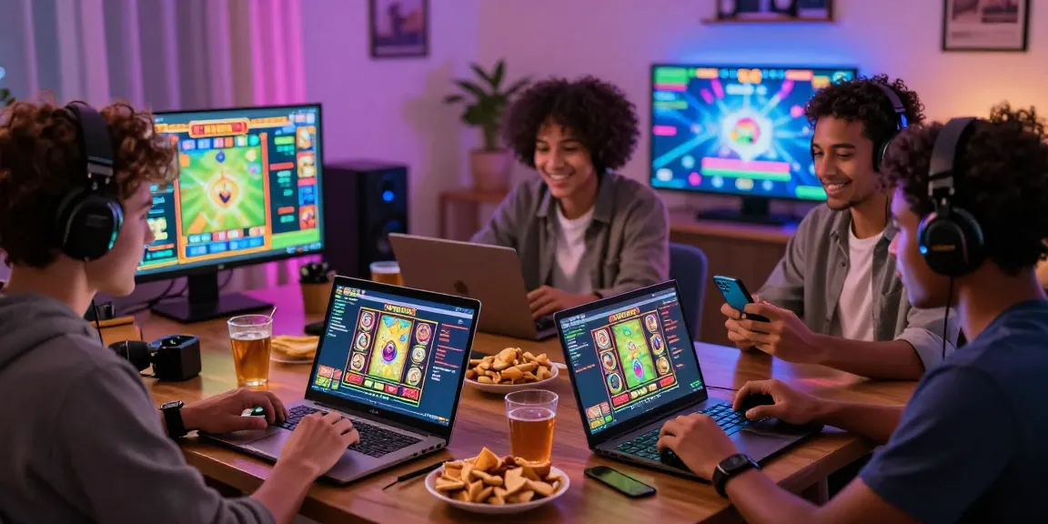 Players enjoying a thrilling online slot game, highlighting slot deposit 1k excitement and engagement in a cozy setting.