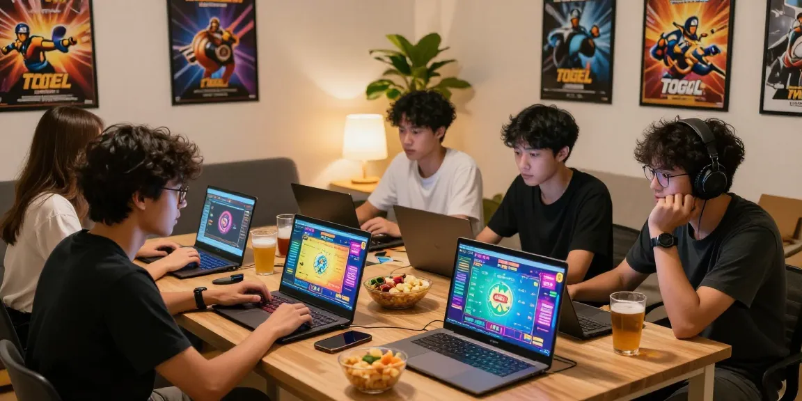 Suasana bermain Togel di DIANA4D dengan teman-teman, laptop menampilkan grafik permainan.