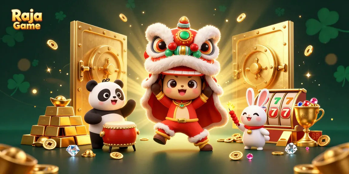 Engage with the thrilling Raja Game as cute characters celebrate luck in a lively 3D casino scene.