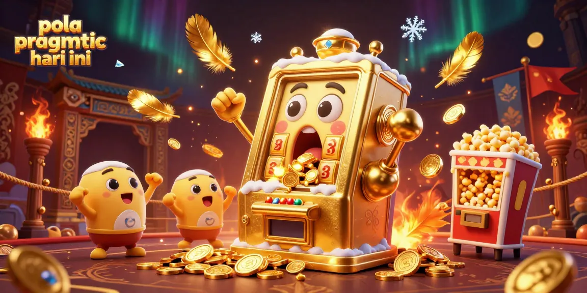 Pola pragmatic hari ini showcases a lively golden slot machine celebrating a jackpot, surrounded by cheering mini slot machines.
