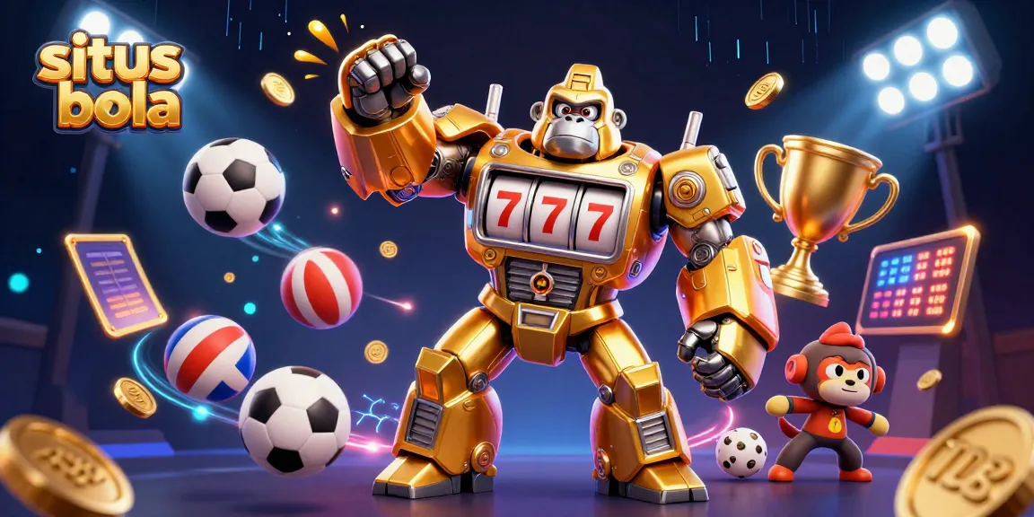 Situs bola betting excitement with a golden gorilla mech, sports elements, and dynamic coins flying
