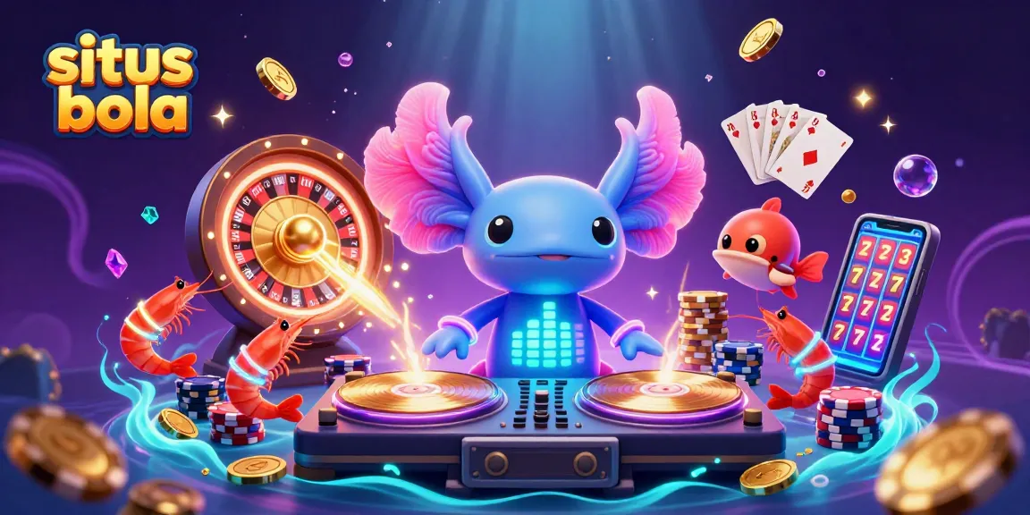 Situs bola showcases a vibrant underwater casino scene featuring a neon axolotl DJ and dynamic gambling elements.