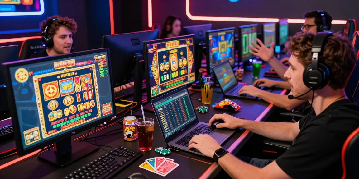 Hero138 situs: Enthusiastic gamers engaging in online slot and casino games in an electrifying atmosphere.