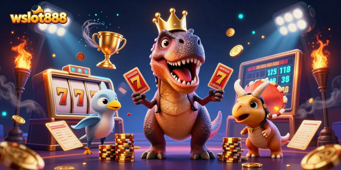 Menangkan jackpot dengan wslot888! T-Rex bermain slot bersama teman-temannya dalam ilustrasi 3D yang ramai.